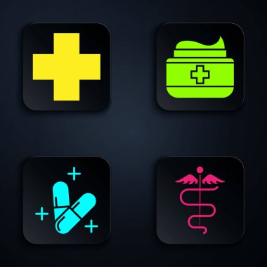 Caduceus yılan tıbbi sembolü, Cross hastanesi sağlık sigortası, ilaç hapı ya da tablet ve krem tüpü ilacını hazırlayın. Siyah kare düğme. Vektör