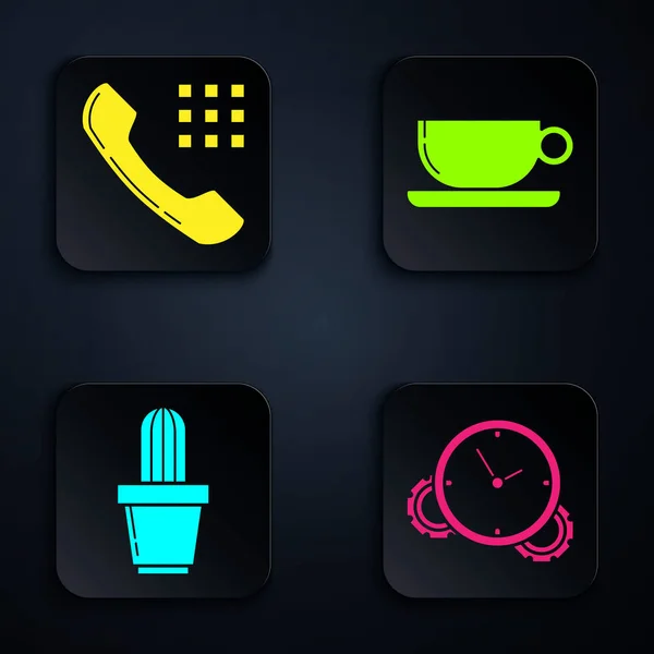 Set Time Management Telefoon Handset Cactus Sappig Pot Koffiekop Plat — Stockvector
