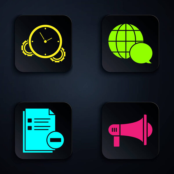 Set Megaphone, Time Management, Document with minus and World map made from speech bubble. Black square button. Vector