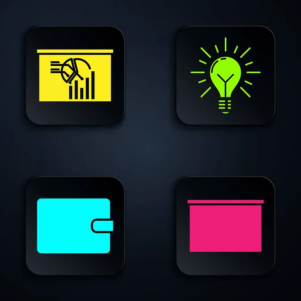 Set Chalkboard, Board with graph chart, Wallet and Light bulb with rays shine and concept of idea. Black square button. Vector — 스톡 벡터