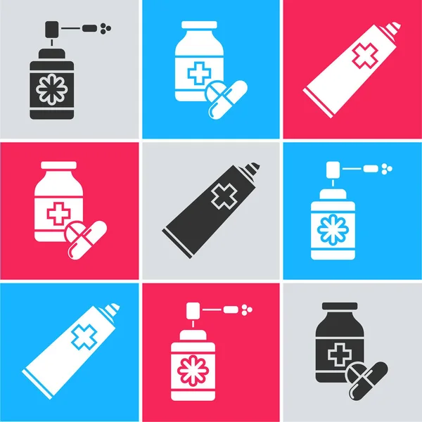 Set Botella médica con aerosol de boquilla, frasco de medicina y pastillas y ungüento crema tubo medicina icono. Vector — Vector de stock