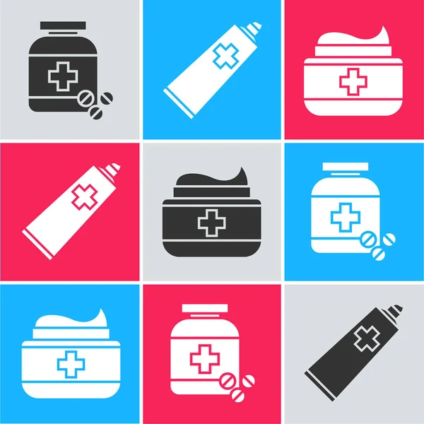 Set frasco de medicina y pastillas, ungüento crema tubo medicina y ungüento crema tubo medicina icono. Vector — Vector de stock