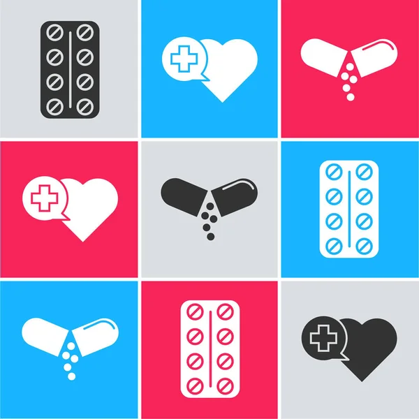 Set Pills in blister pack, Heart with a cross and Medicine pill or tablet icon. Vector — 스톡 벡터