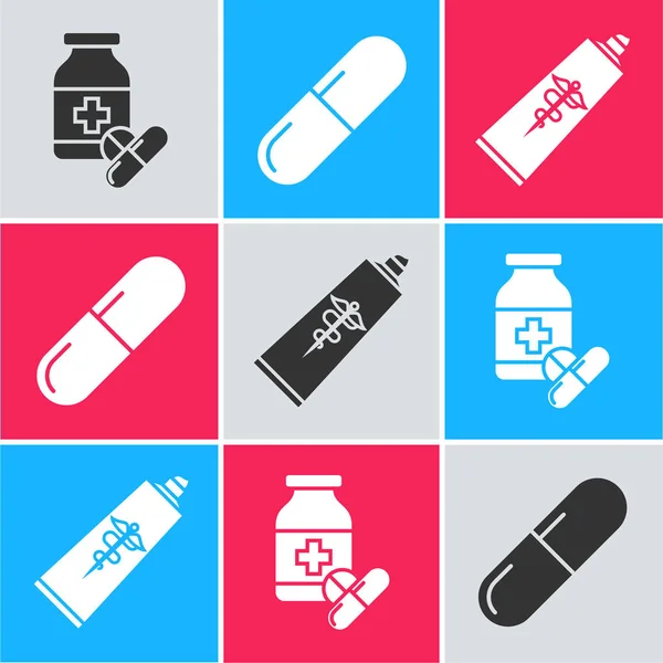 Állítsa gyógyszer palack és tabletták, gyógyszer tabletta vagy tabletta és kenőcs krém cső gyógyszer ikon. Vektor — Stock Vector