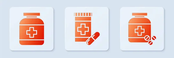 Set Medicijnfles en pillen, Medicijnfles en Medicijnfles en pillen. Witte vierkante knop. Vector — Stockvector