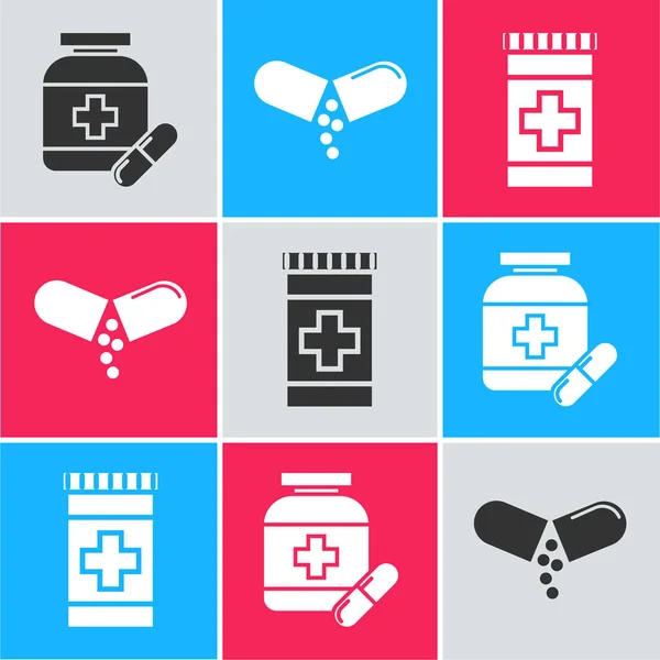 Set Medicine bottle and pills, Medicine pill or tablet and Medicine bottle icon. Vector — 스톡 벡터