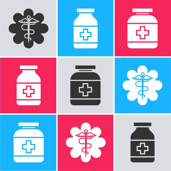 Set Estrella de emergencia símbolo médico Serpiente Caduceo con palo, Botella de medicina e icono Botella de medicina. Vector — Vector de stock