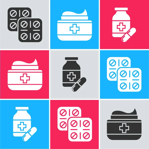 Set pillole in blister, pomata crema tubo medicina e Medicina bottiglia e pillole icona. Vettore — Vettoriale Stock