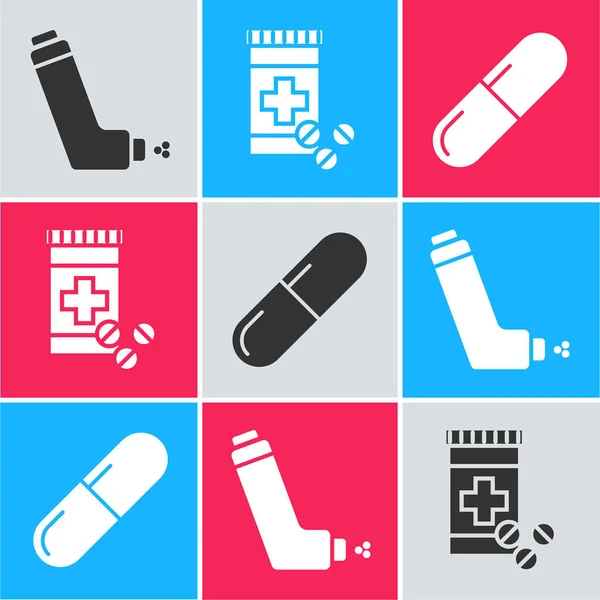 Встановіть інгалятор, пляшку ліків і таблетки, таблетки або значок таблетки. Векторні — стоковий вектор