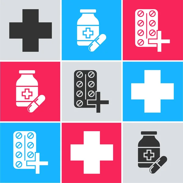 Set Cross hospital médico, frasco de medicamentos y pastillas y píldoras en blister icono del envase. Vector — Archivo Imágenes Vectoriales