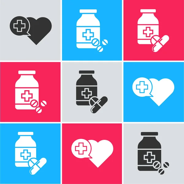 Set Hart met een kruis, Medicijn fles en pillen en Medicijn fles en pillen pictogram. Vector — Stockvector