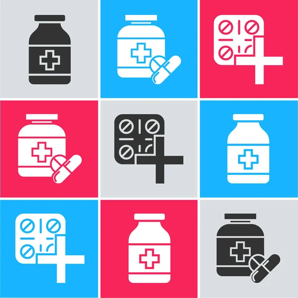 Set Botella de la medicina, Botella de la medicina y pastillas y píldoras en blister icono del envase. Vector — Archivo Imágenes Vectoriales