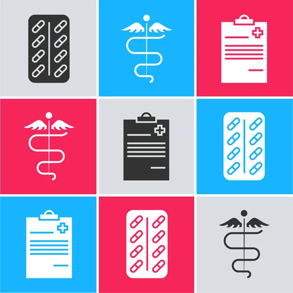 Set Pills in blister pack, Caduceus snake medical symbol and Medical clipboard with clinical record icon. Vector — Stock Vector