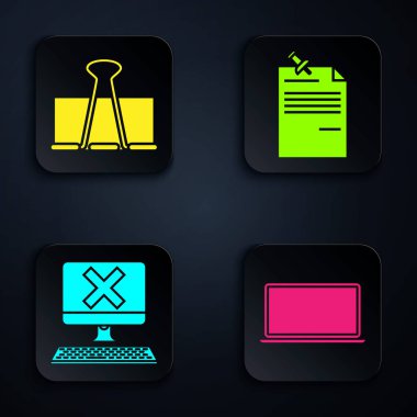 Laptop, Binder şarjörü, klavyeli bilgisayar, x işareti ve iğneli düğmeli not kağıdını ayarla. Siyah kare düğme. Vektör