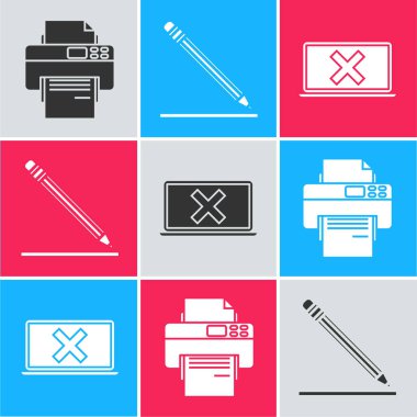 Yazıcı, silgi, satır ve dizüstü bilgisayarlı kalem ve çapraz işareti ekran simgesine ayarla. Vektör