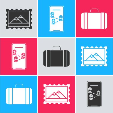 Posta pulu ve dağları, şehir haritası navigasyon bilgileri ve seyahat simgesi için bavulu ayarla. Vektör