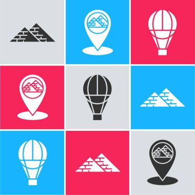 Mısır piramitleri, Mısır piramitleri ve sıcak hava balonu ikonu ile harita işaretleyicisi kurun. Vektör