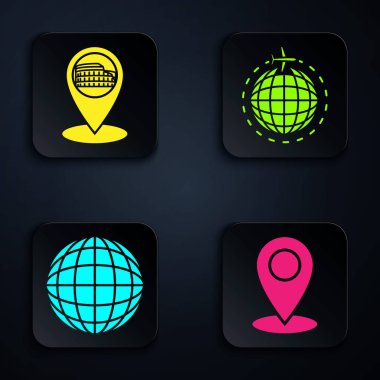 Roma 'da, İtalya' da, Dünya 'da ve Dünya' da Kolezyum 'da uçan uçakla harita rozeti, harita işaretleyici ayarlayın. Siyah kare düğme. Vektör