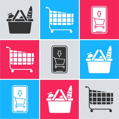 Alışveriş sepeti, yiyecek, alışveriş arabası, cep telefonu ve alışveriş arabası ikonu. Vektör