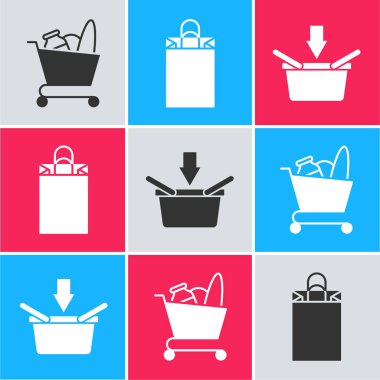 Alışveriş arabası, yiyecek, kağıt alışveriş torbası ve alışveriş sepeti ikonu. Vektör