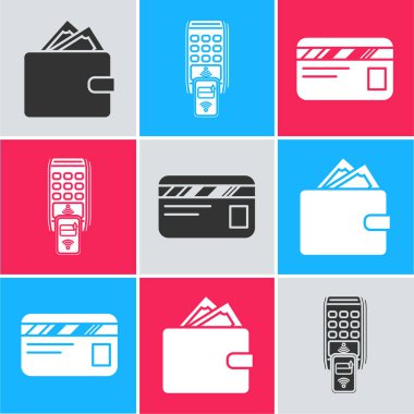 Cüzdanı kağıt para destesiyle, Pos terminalini basılı makbuzla ve ödemeyi akıllı telefon ve kredi kartı simgesiyle onaylıyor. Vektör