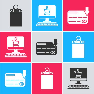 Kağıt alışveriş çantası, alışveriş arabası ekran bilgisayarı ve kredi kartı simgesini ayarla. Vektör