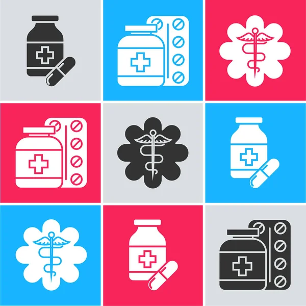Set Medicine bottle and pills, Medicine bottle and pills and Emergency star medical symbol Caduceus snake with stick icon. Vector — 스톡 벡터