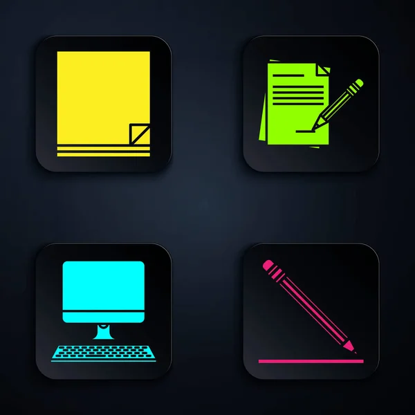 Set Pencil with eraser and line, File document, Computer monitor with keyboard and Blank notebook and pencil with eraser. Black square button. Vector — 스톡 벡터