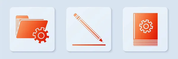 Set Pencil with eraser and line, Folder settings with gears and User manual. White square button. Vector — 스톡 벡터