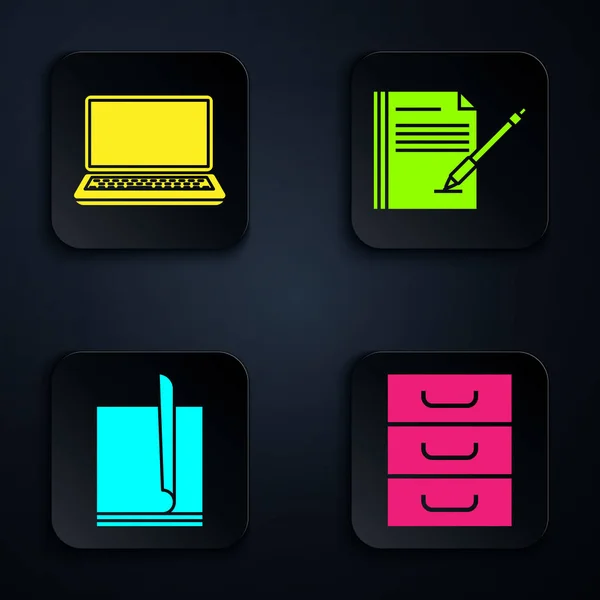 Set Drawer with documents, Laptop, File document and Blank notebook and pen. Black square button. Vector — 스톡 벡터