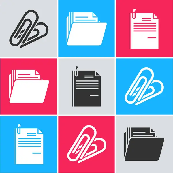 Büroklammer, Dokumentordner und Dateidokument sowie Büroklammersymbol setzen. Vektor — Stockvektor