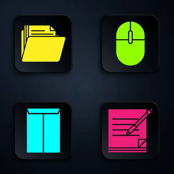 Set Blank notebook and pen, Document folder, Envelope and Computer mouse. Black square button. Vector — 스톡 벡터
