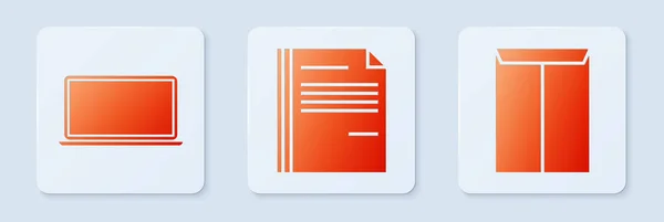 Dateidokument, Laptop und Umschlag festlegen. weiße quadratische Taste. Vektor — Stockvektor