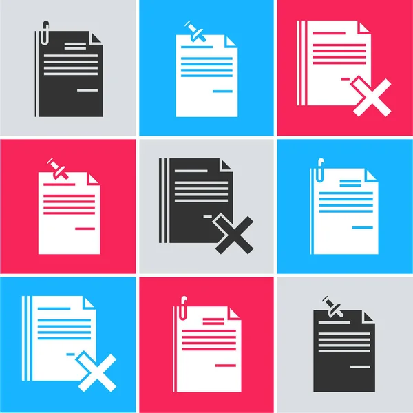 Set Bestand document en paperclip, Notitie papier met vastgepind drukknop en Verwijder bestand document pictogram. Vector — Stockvector