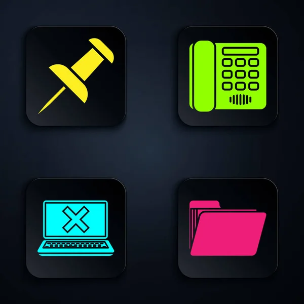 Set Document map, Push pin, Laptop en kruis markering op het scherm en telefoon. Zwarte vierkante knop. Vector — Stockvector