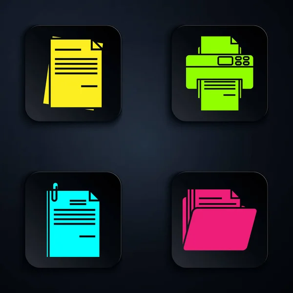 Set Document folder, File document, File document and paper clip and Printer. Black square button. Vector — 스톡 벡터
