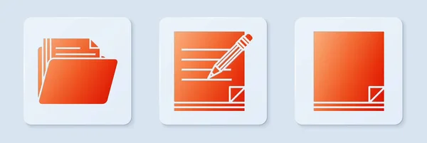 Definir notebook em branco e lápis com borracha, pasta de documentos e documento de arquivo. Botão quadrado branco. Vetor — Vetor de Stock