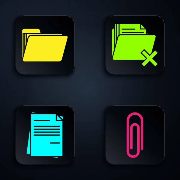 Set Paper clip, Document folder, File document and Delete folder. Black square button. Vector — 스톡 벡터