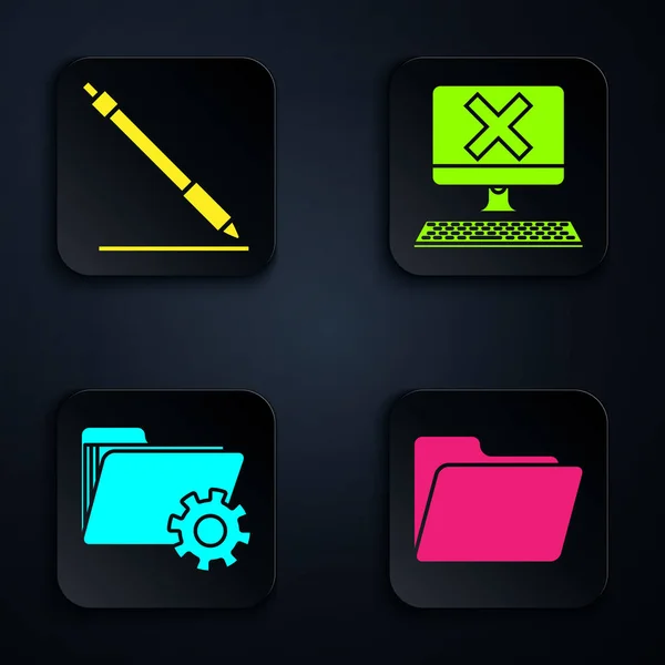 Set Document folder, Pen line, Folder settings with gears and Computer with keyboard and x mark. Black square button. Vector — 스톡 벡터