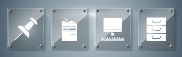 Set Drawer with documents, Computer monitor with keyboard, Note paper with pinned pushbutton and Push pin. Square glass panels. Vector — Stock Vector