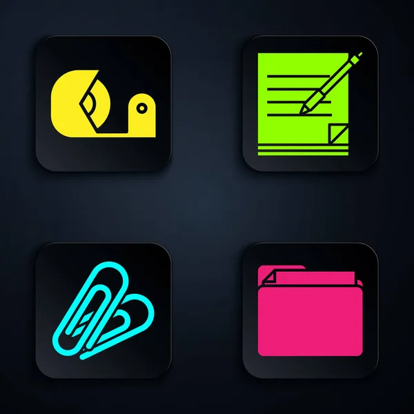 Set Document folder, Scotch, Paper clip and Blank notebook and pen. Black square button. Vector — 스톡 벡터