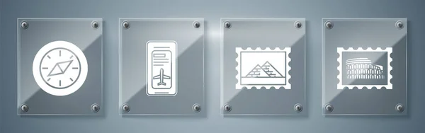 郵便切手とコロシアム、郵便切手とエジプトピラミッド、電子搭乗券航空券とコンパス付きスマートフォンを設定します。正方形のガラスパネル。ベクトル — ストックベクタ
