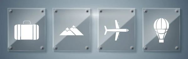 Set Globo de aire caliente, Avión, Montañas y Maleta para viajar. Paneles cuadrados de vidrio. Vector — Vector de stock