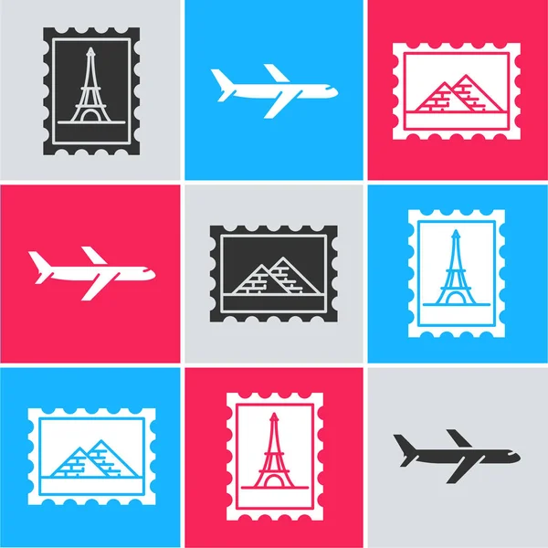 Zestaw znaczków pocztowych i Wieża Eiffla, Samolot i Znaczek pocztowy i Egipt ikona piramid. Wektor — Wektor stockowy