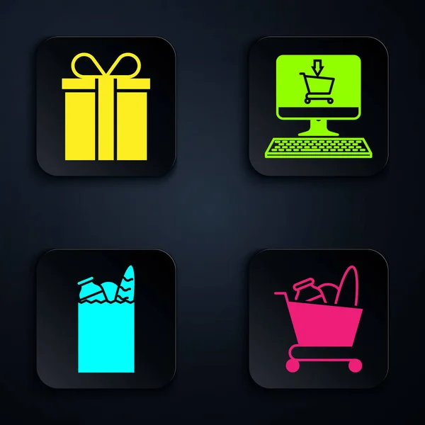 Set Shopping cart and food, Gift box, Paper shopping bag and food and Shopping cart on screen computer. Black square button. Vector — 스톡 벡터