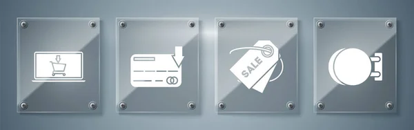 Set Signboard pendurado, etiqueta Preço com uma inscrição Venda, cartão de crédito e carrinho de compras no laptop tela. Painéis de vidro quadrados. Vetor —  Vetores de Stock