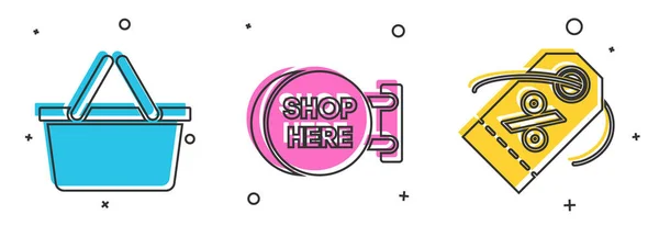 Set Shopping basket, Signboard hanging with an inscription shop here and Discount percent tag icon. Vector — 스톡 벡터