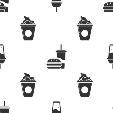 Bir bardak limonata ve pipet, saman ve burger içen kağıt bardak ve karton kutuda patlamış mısır. Vektör