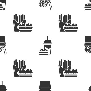 Asya eriştelerini karton kutuya, çubuklara, kamış ve burgerle birlikte kağıt bardaklara, patates kızartmalarını karton paketlere koyun. Vektör