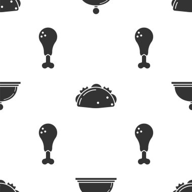 Bir tepsi yemekle kaplanmış, tortilla ve tavuk bacağıyla dürüm ve pürüzsüz bir desen. Vektör